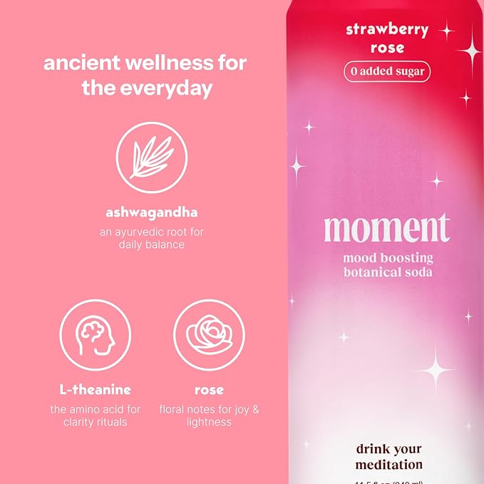 Moment Adaptogen Drink (Shark Tank) - Calm, Clarity & Relaxation with L-Theanine & Ashwagandha - Non Alcoholic Drinks for Adults - Sparkling Botanical Soda - 0 Sugar 0 Caffeine - 12 Pack 11.5 fl oz