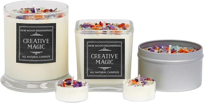 Creative Magic Candles by New Moon Beginnings - Focus, Creativity, & Concentration - Herb & Crystal Candles - Soy Aromatherapy Candle - 21oz Glass Jar