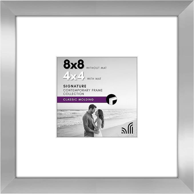 Americanflat 8x8 Picture Frame - Matted to 4x4 - Engineered Wood - Silver | Shatter-resistant glass, wall or tabletop display with included easel, sawtooth hangers included