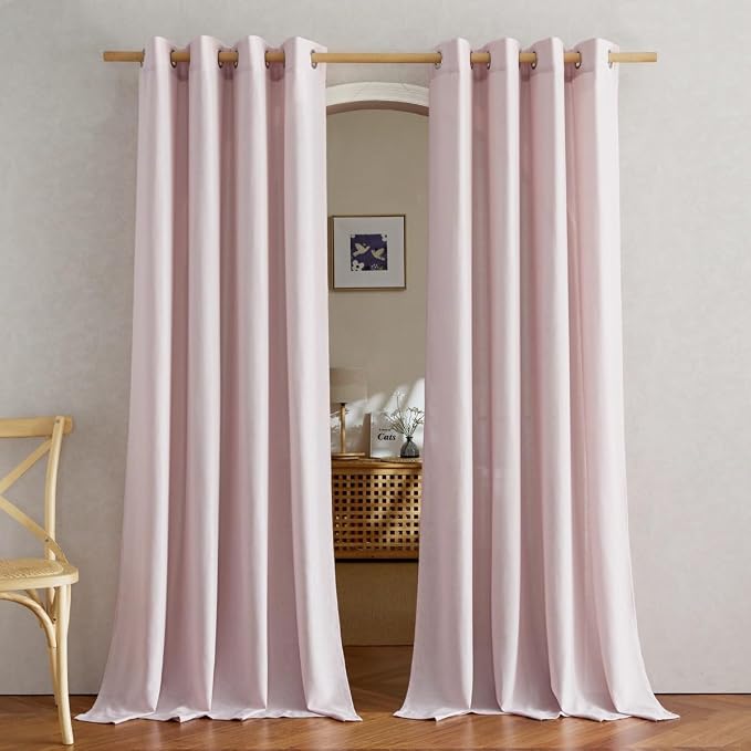 NICETOWN Blush Pink Linen Curtains for Kitchen, Thick Flax Small Window Treatments Semi Sheer Privacy Assured with Light Through for Cafe/Bathroom, W55 x L92, 2 Panels