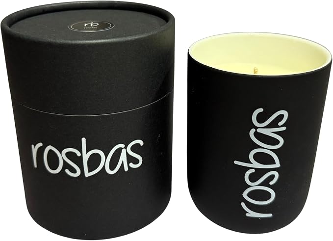 rosbas Vanilla Soy Wax Candle - 8 oz in Ceramic Jar – Clean Burning, Long Lasting, Boxed, Home Fragrance, Black, Made in USA