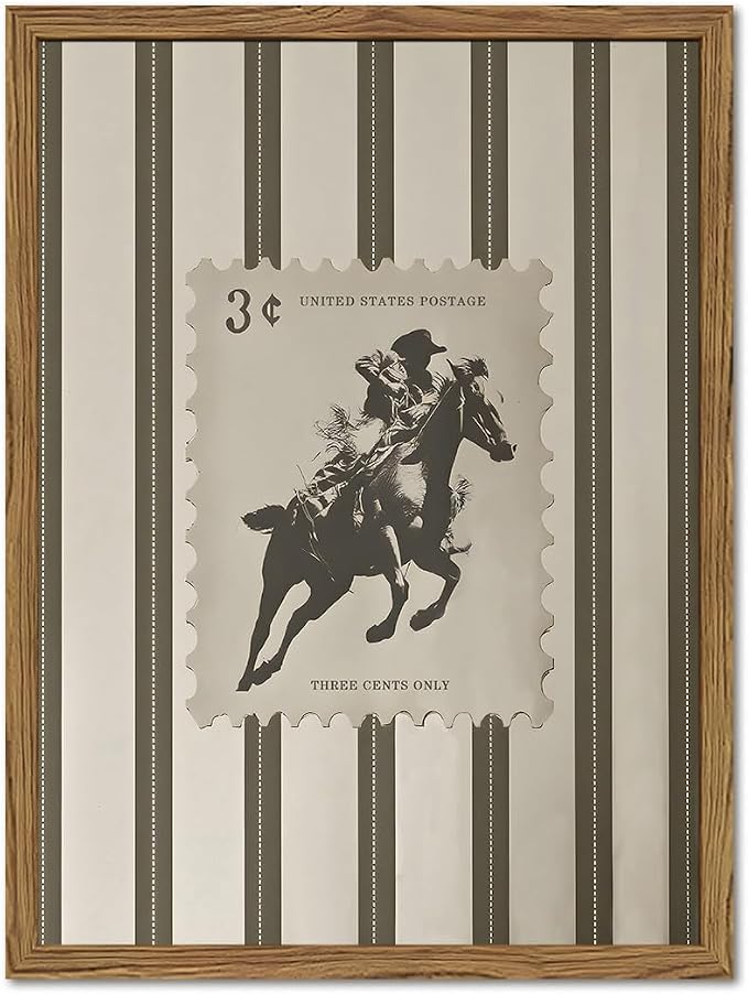 Vintage Western Wall Art Southwest Cowboy Wall Decor Pictures Mid Century Southwestern Striped Cowboy Riding Horse Poster Canvas Prints for Bedroom Living Room 24x36 inch Wood Framed