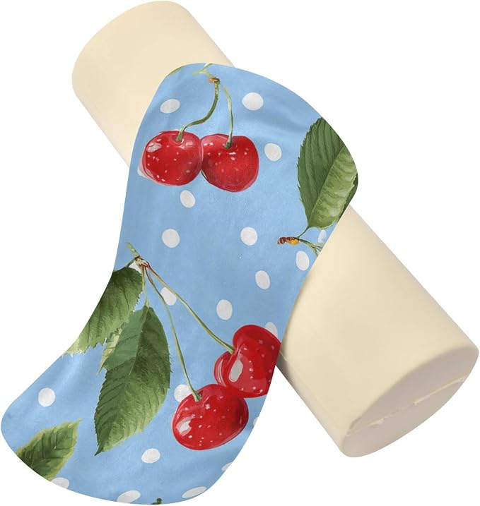 Light Blue Dots Red Cherry Neck Roll Pillow Bolster Round Health Memory Foam Long Cervical Cylinder Pillows with Removable Washable Cover for Body Bed Legs Back Yoga