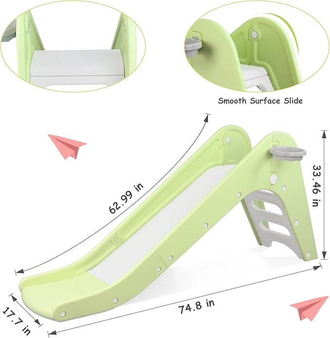 Arlopu Freestanding Kids Slide, Toddler Slide Climber with Basketball Hoop & Ball, Baby Playset w/Long Slope, for Boys and Girls Birthday, Sturdy Playground Toy for Indoor Outdoor Age 3+ (Light Green)