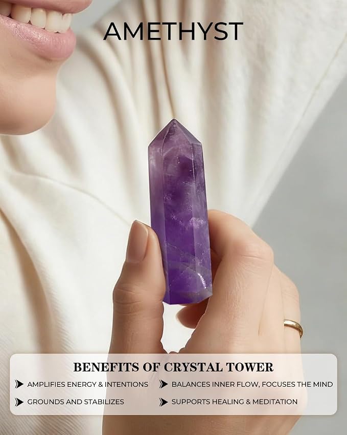 Amethyst Natural Healing Crystal Wand Set - 2.4-2.8" Polished Gemstone Point Obelisk - Hexagonal Towers for Reiki Energy, Chakra Balancing, Meditation & Home Office Decor - Spiritual Gifts for Women