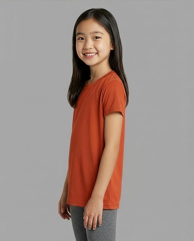 Real Essentials 5 Pack: Girls' Short Sleeve Dry-Fit Athletic T-Shirt - Active Gym Crew Neck Tops for Teens Kids (Ages 4-16)