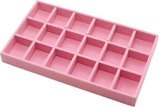 Velvet Jewelry Organizer Trays Pink 18 Grids | Stackable Jewelry Storage Display Tray with Removable Dividers for Drawers