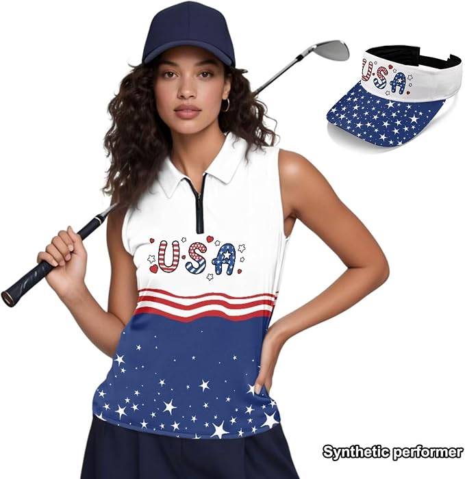 POLERO Golf Tank Top Women Golf Shirts and Visor Hat Collared Racerback Tennis Shirt Set Quarter Zip