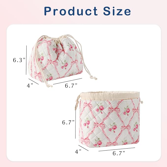 uekeboag Cotton Quilted Drawstring Makeup Bag with Canvas Lining,Coquette Aesthetic Cute Travel Toiletry Bag,Drawstring Gift Bag for Women and Girls（03Pink Bows）