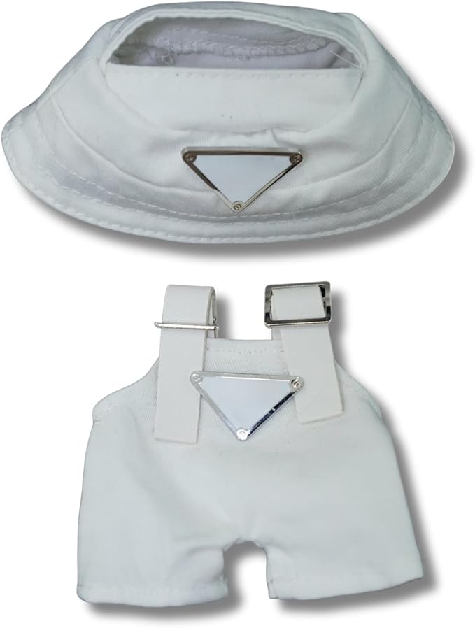 Clothes for 17cm Dolls(NO Doll)，Premium Handmade Clothes，Adjustable Kawaii Outfits for Clothes Set，Dolls Keychain Accessories，Bucket Hat+Overalls (White)