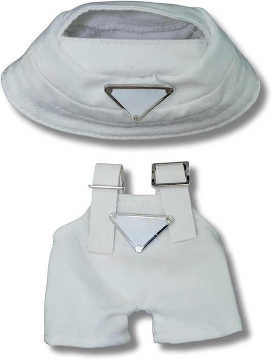 Clothes for 17cm Dolls(NO Doll)，Premium Handmade Clothes，Adjustable Kawaii Outfits for Clothes Set，Dolls Keychain Accessories，Bucket Hat+Overalls (White)