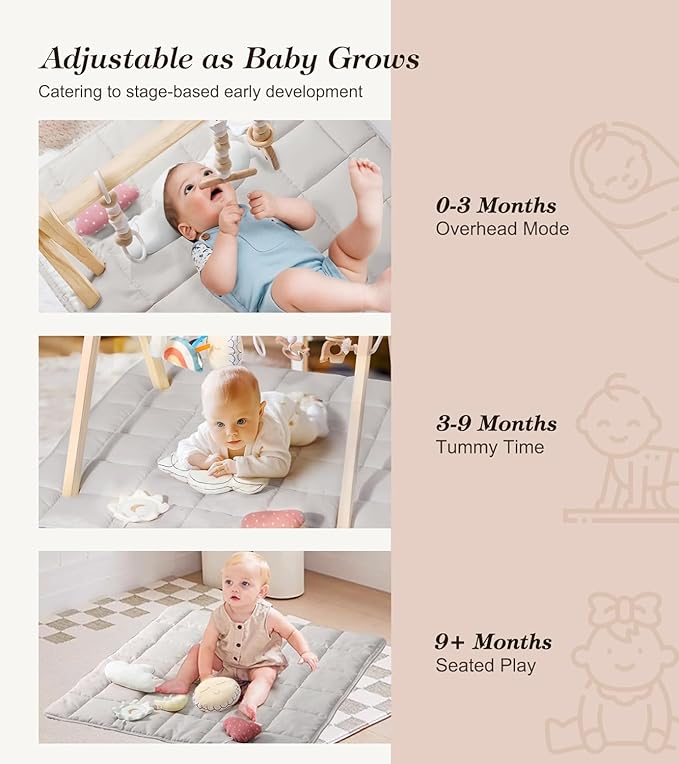 Wooden Play Gym with Beige Mat, Foldable Baby Play Gym, Infant Activity Mat with 6 Hanging Toys, Natural Pine Wood Frame Activity Center, Easy to Assemble & Clean, Newborn Present for Boys & Girls