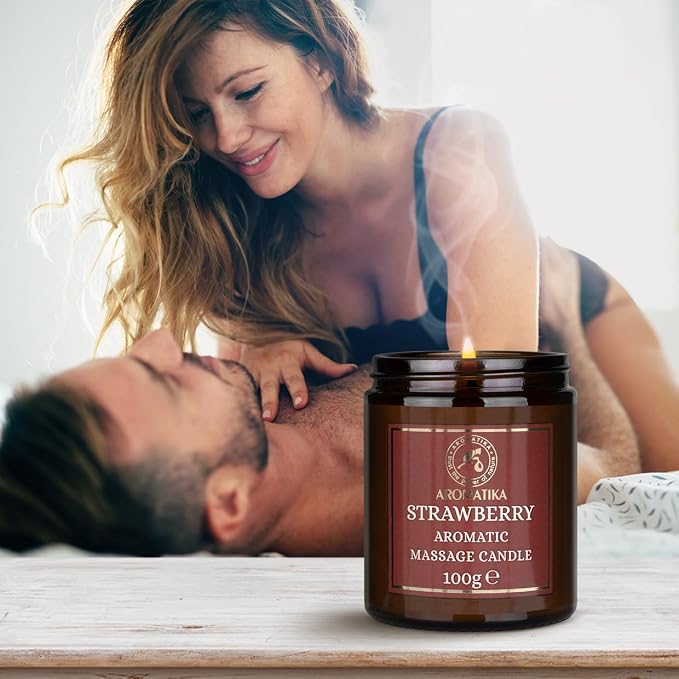 AROMATIKA Strawberry Scented Massage Candle - Soy Wax 3.5Oz - Relaxing Aromatherapy Candle - Glass Jar Gift