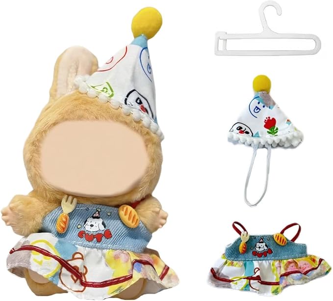 Doll Clothes Set for 15cm/17cm Dolls Outfit Accessories, Party Hat + Colorful Denim Skirt + Clothes Hanger, No Doll Included (NO Dolls)
