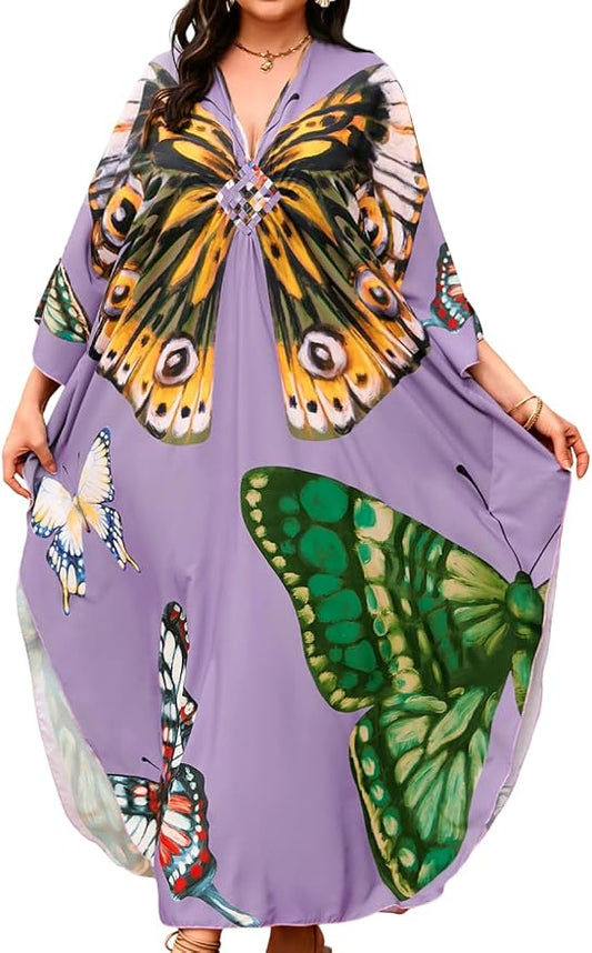 ChiaoLezhee Print Moo-Moos for Women, Kaftan Cover-Up Dresses, Sexy V-Neck High-Slit, Beach Pool-Party Coverups Muumuu Plus