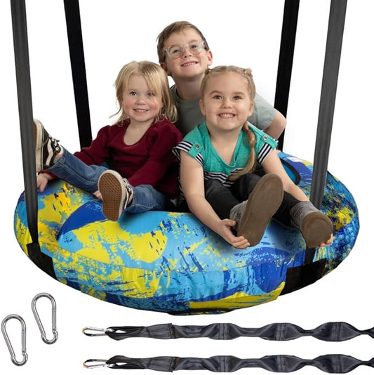AIR Swing Giant 42” Inflatable Heavy Duty Saucer Swing Indoor Outdoor Playground, Jungle Gym, or Tree Ages 3+ UV-Protected Cover Durable Tube-Frame Adjustable Hanging Straps Carabiners - Blue/Yellow