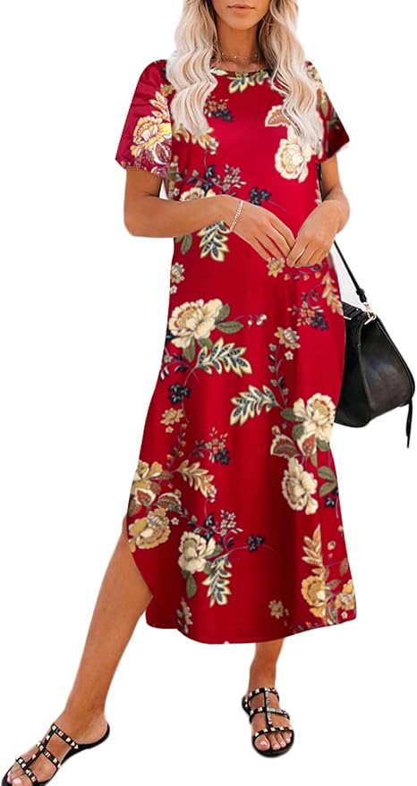 Naggoo Women's Casual T Shirt Midi Dress with Side Slit and Pockets