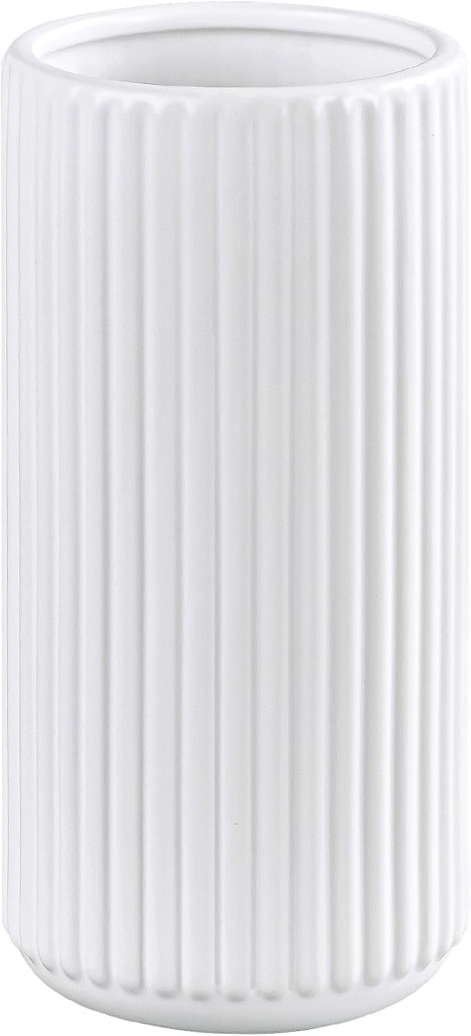White Ceramic Flower Vase for Pampas Grass, 8 inch Small Decorative Centerpiece Ribbed Vase for Dining Table, Office Desktop, Shelf Bookshelf, Mantel, Entryway, Bathroom, Countertop, Farmhouse, Gift