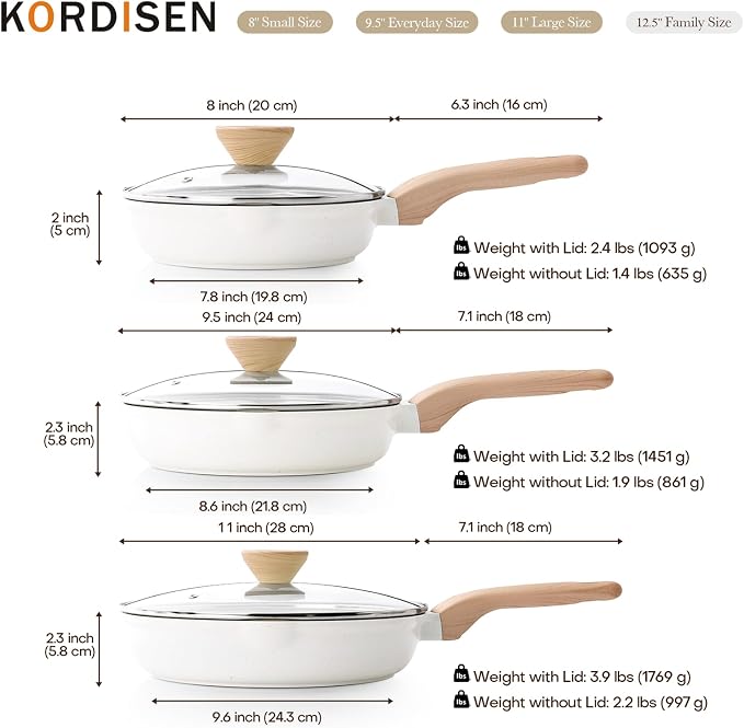 Kordisen Ceramic Nonstick Frying Pan Skillet Set with Lid, 3 Piece Ceramic Pans for Cooking Non Toxic, Healthy Induction Cookware, Stay-Cool Handle, PFOA & PFAS Free (8 Inch, 9.5 Inch, 11 Inch)