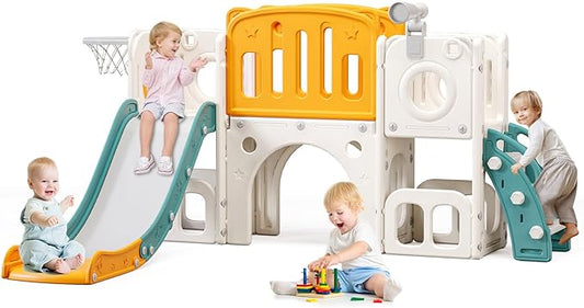 8 in 1 Toddler Slide,Kids Climber Slide with Storage Space and Non-Slip Steps,Indoor Outdoor Playset with Basketball Hoopa and Telescope,Slide for Toddlers Age 1-8 (White+Orange)