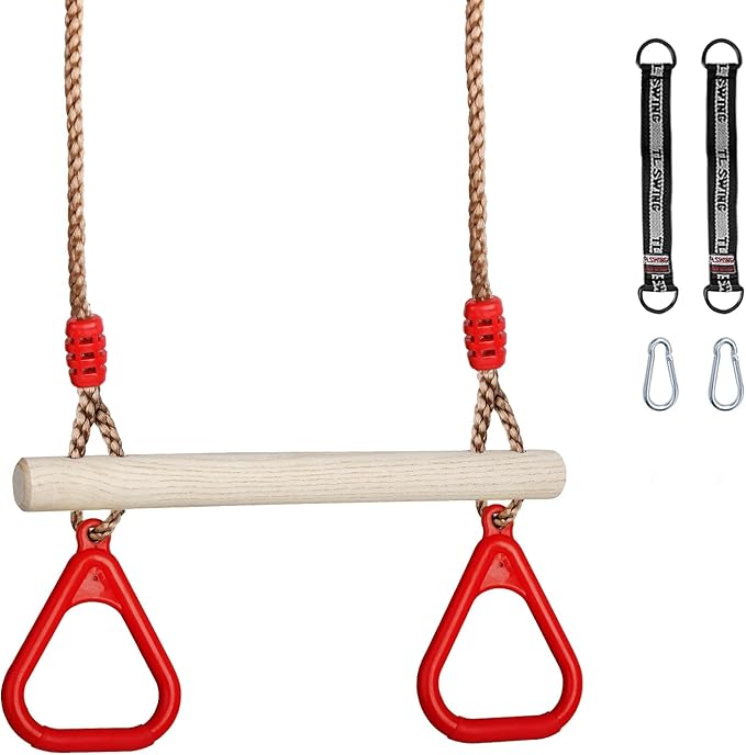 Trapeze Swing Bar with Rings, Wooden Trapeze Swing Bar with Plastic Gym Rings Adjustable Rope, Locking Straps, Outdoor Swing Set Playground Accessories for Kids (Red)