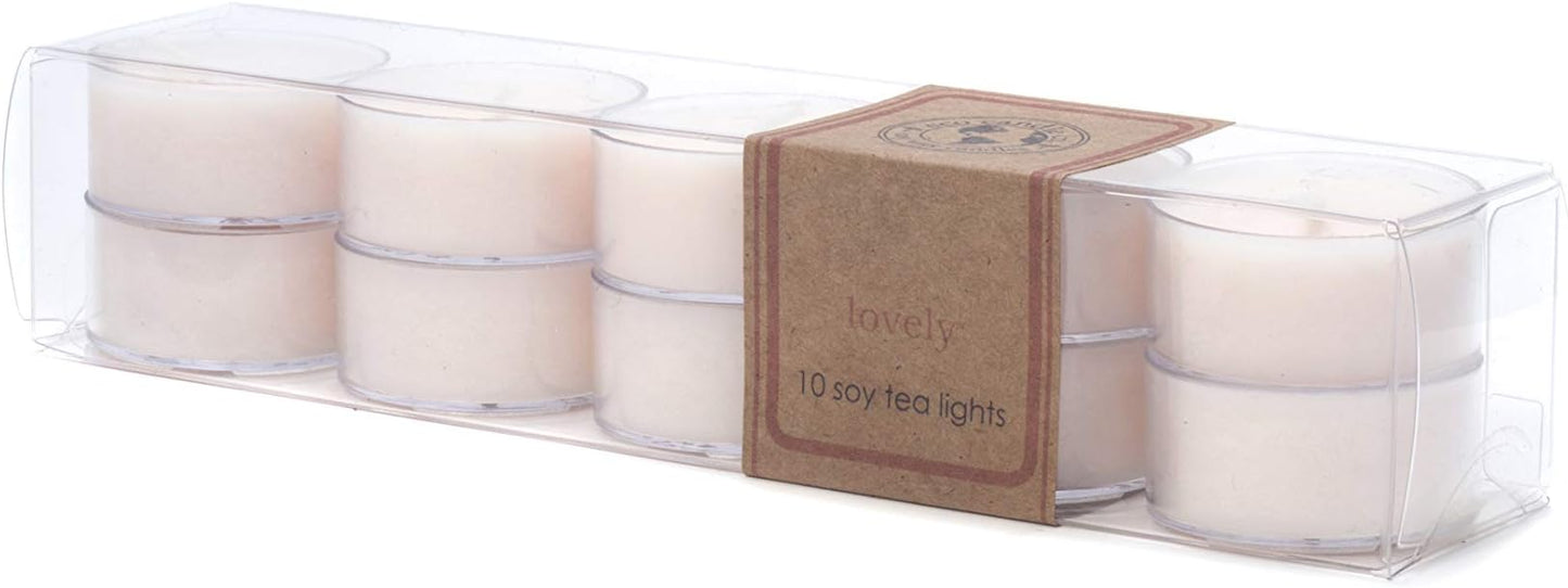 Eco Candle Co. Lovely Tea Light Candles, 10-Pack, 9 Hr Burn Time | Scents of Lavender, Rosewood, Orchid, Bergamot, Cedarwood, & Musk - Recyclable Plastic Cups, No Lead, Hand Made, .6 oz. Each
