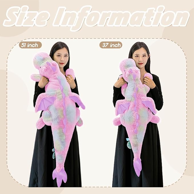 ARELUX Large 37in Cute Dragon Stuffed Animals Plush Toy Soft Colorful Pink Pterosaur Plushie Giant Fuzzy Dinosaur Pillow Plushies with Wings Cuddly for Friends Family Member