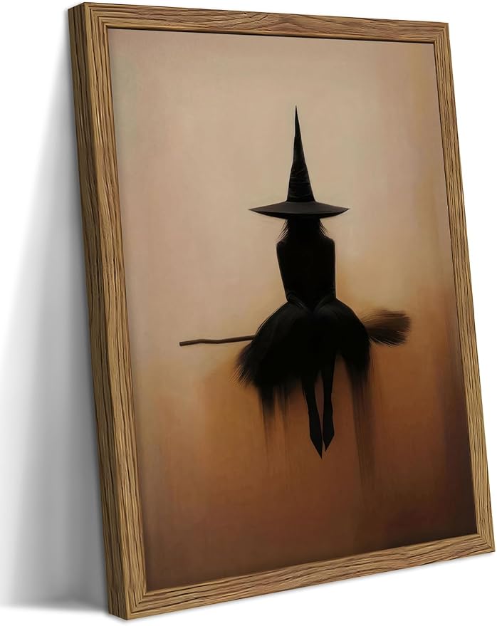 Framed Vintage Witch Wall Art, Minimalist Halloween Witch Canvas Prints, Spooky Gothic Dark Academia Witches Painting, Rustic Aesthetic Halloween Wall Decor for Bedroom Living Room 12x16 inch