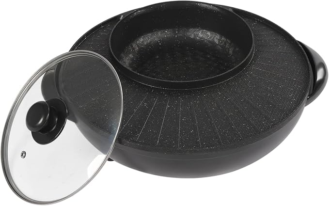 Electric Smokeless Grill and Hot Pot 2 in 1, Multifunctional Round Pot, Hot Pot Plate, Circular Edition Hotpot Grill Combo Korean BBQ, Non Sticky Pot Black 110v.
