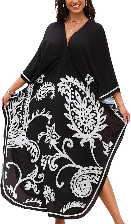 ChiaoLezhee Print Moo-Moos for Women, Kaftan Cover-Up Dresses, Sexy V-Neck High-Slit, Beach Pool-Party Coverups Muumuu Plus