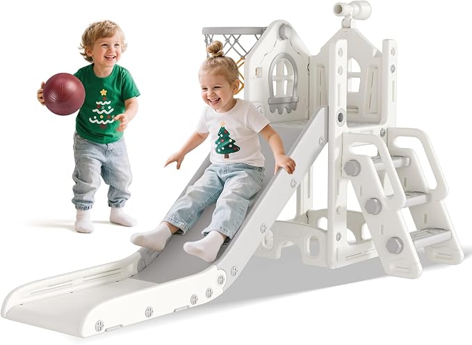 BIERUM 6 in 1 Toddler Slide - L-Shaped Baby Slide for Toddlers Aged 1-3 with Basketball Hoop, Telescope Toy and Anti-Slip Pads, Indoor Outdoor Toddler Playset, White Gray