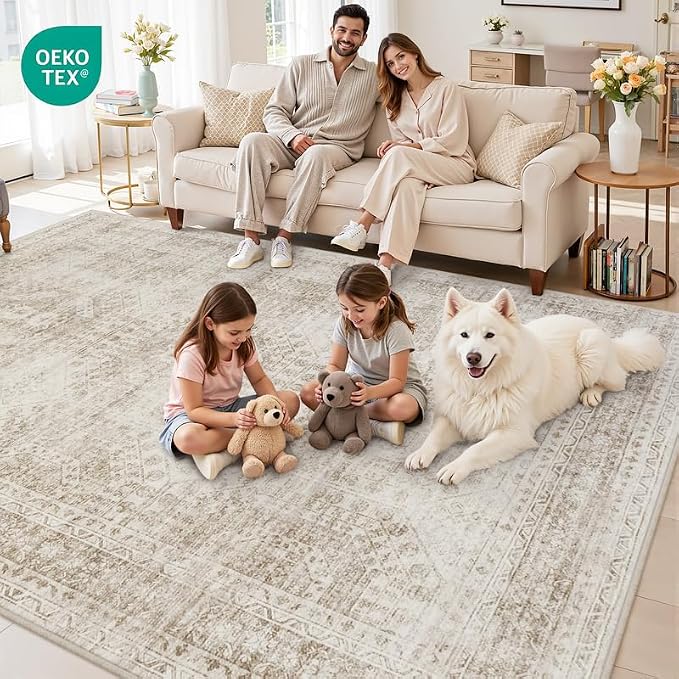 10x14 Area Rug for Living Room: Vintage Boho Neutral Washable Rug Indoor Soft Large Area Rug Carpet for Bedroom Nursery Farmhouse Dining Room Office Floor Non-Slip Low Pile Under Table Rug Brown