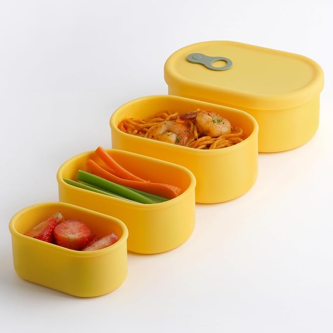 Korean Silicone Food Container with Steam Vent, Mango Yellow 4pc | Microwave & Freezer Safe, Leakproof, Airtight, Dishwasher Safe, BPA Free