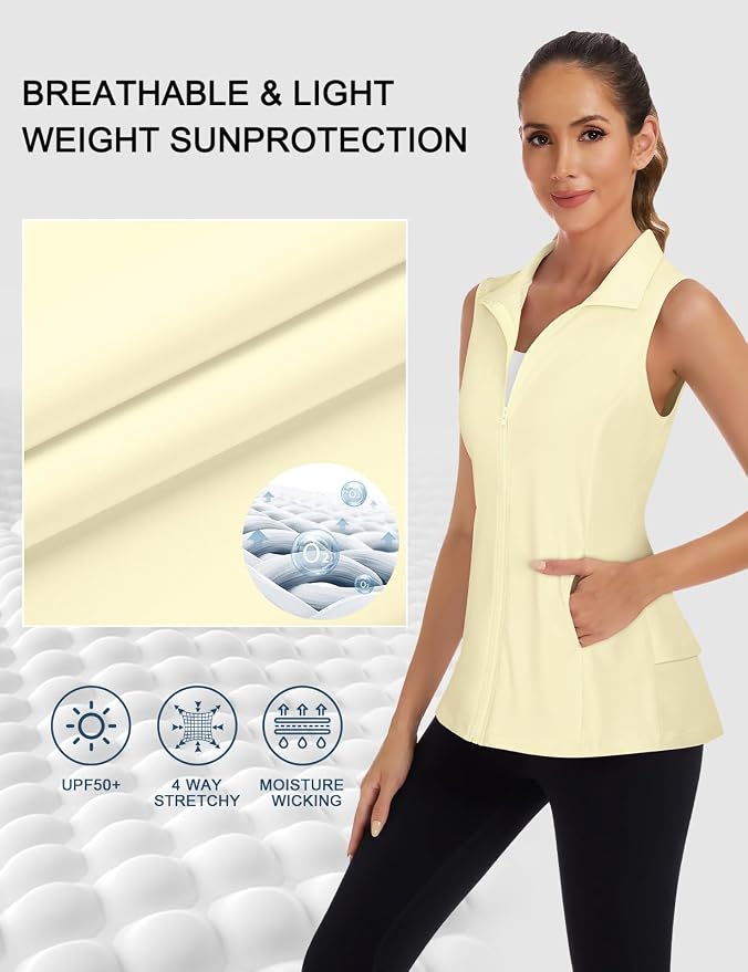 Women's Golf Vest with Pleated Tennis Skirt Hem Lightweight Full Zip Sleeveless Athletic Shirts with Pockets