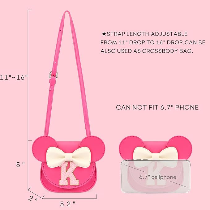 mibasies Toddler Purse Girl Gifts: Girls Birthday Gifts for 3-8 - Toys for Ages 2-4 Girls Mouse Ears Purse, Hot Pink, Letter K