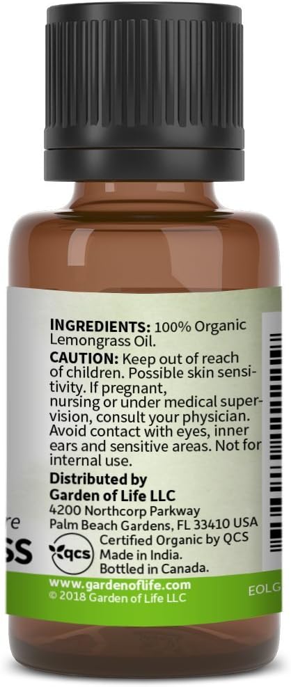 Garden of Life Essential Oil, USDA Organic & Pure, Clean, Undiluted & Non-GMO, for Diffuser, Aromatherapy, Meditation, Cleansing, Relaxing, Calming, Lemongrass, 0.5 Fl Oz (Pack of 2)