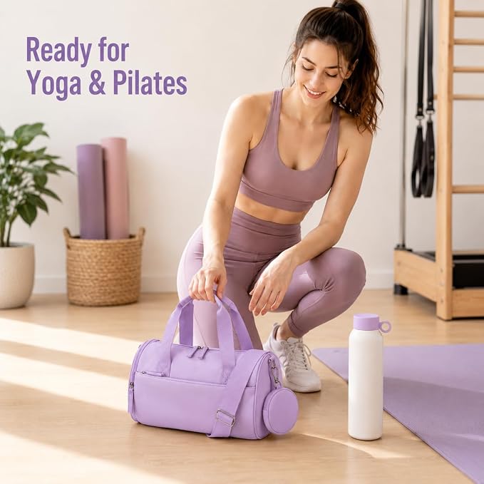 BTOOP Mini Gym Bag for Women, 12-Inch Small Duffle Bag with Wet Pocket and Coin Purse, Lightweight Water-Resistant Workout Bag for Yoga, Pilates, Dance and Travel (B-Purple)