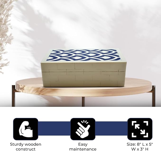 Perilla Home ﻿Home Decor Decorative Storage Wooden Box Small Rectangle Irusu Organizer Tool Stash Card Craft Book Treasure Trinket Memory Keepsake Jewelry Box Gifts For All Blue and Off White