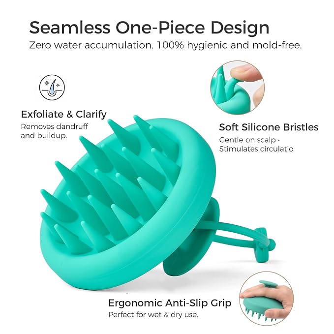 Scalp Massager Shampoo Brush, Soft Silicone Bristles Head Scrubber for Deep Cleansing, Dandruff Removal & Hair Growth, Ergonomic Exfoliator, Wet & Dry Use, Eco-Friendly Shower Brush, Green