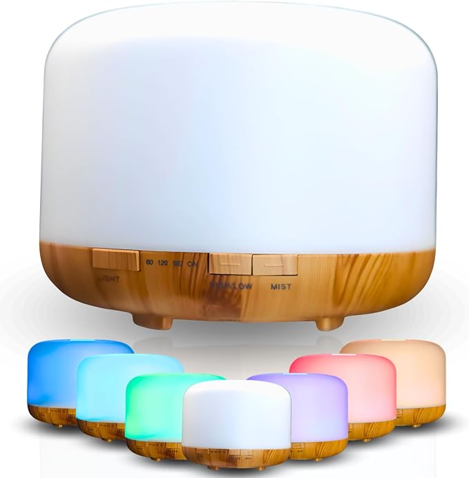 Mystic Romance Essential Oil Diffuser, 500ml Aromatherapy Humidifer and Nigth Ligth for Relaxing Atmosphere in Home Office Yoga and Spa, for Everyone, Auto-Off Safety Switch. Light Wood