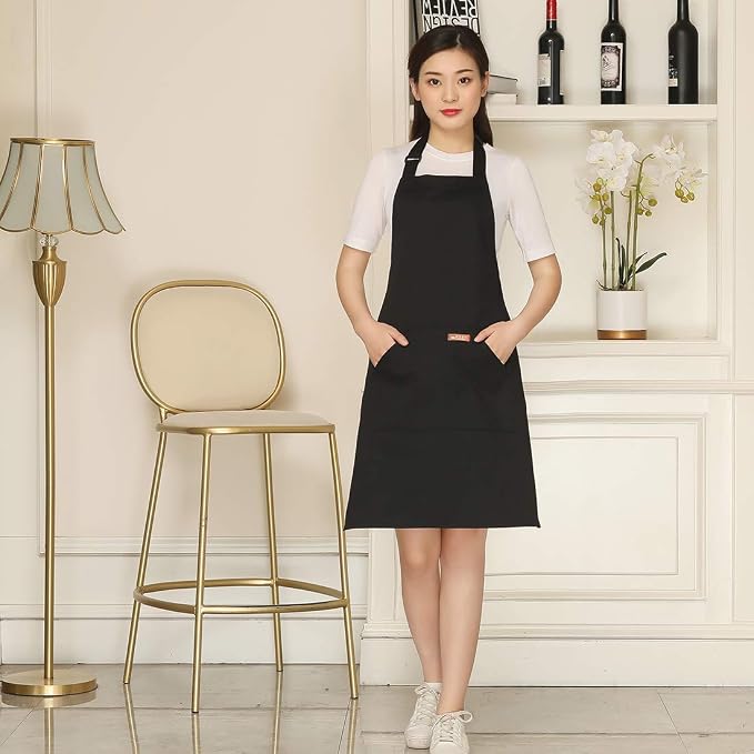 NEWGEM Adjustable Canvas Aprons for Women Men with 2 Pockets - Kitchen Cooking Chef Apron with Neck Strap, Stain Resistant Pinafore for Waitress Barista Restaurant Baking BBQ (Black)
