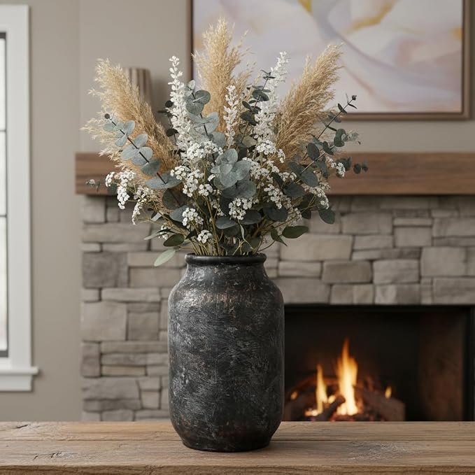 Rustic Ceramic Vase, Terracotta Pottery Decorative Vase, Farmhouse Decor for Living Room, Home, Fireplace, Shelf Decor, 9 Inch, Bronze