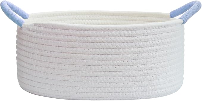 Yimi's Dream White and Blue Cotton Rope Gift Basket with Handle, 12 x 8 in | Small Cute Shelf Baskets for Baby Shower, Baby Boy Gifts, Easter, Birthdays, Wedding, Nursery, Shelves, and Home Decor