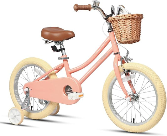 Petimini Vintage Kids Bike for Girls, 12–20 Inch Classic Bicycle with Wicker Basket & Bell, High Tensile Steel Frame, Training Wheels (12–18”), 85% Pre-Assembled, Retro Bike for Outdoor Riding