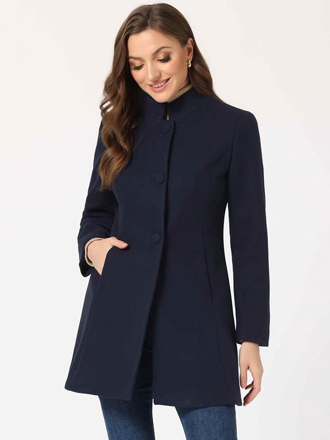 Allegra K Women's Winter Overcoat Mid-Long Stand Collar Single Breasted Coat Outerwear