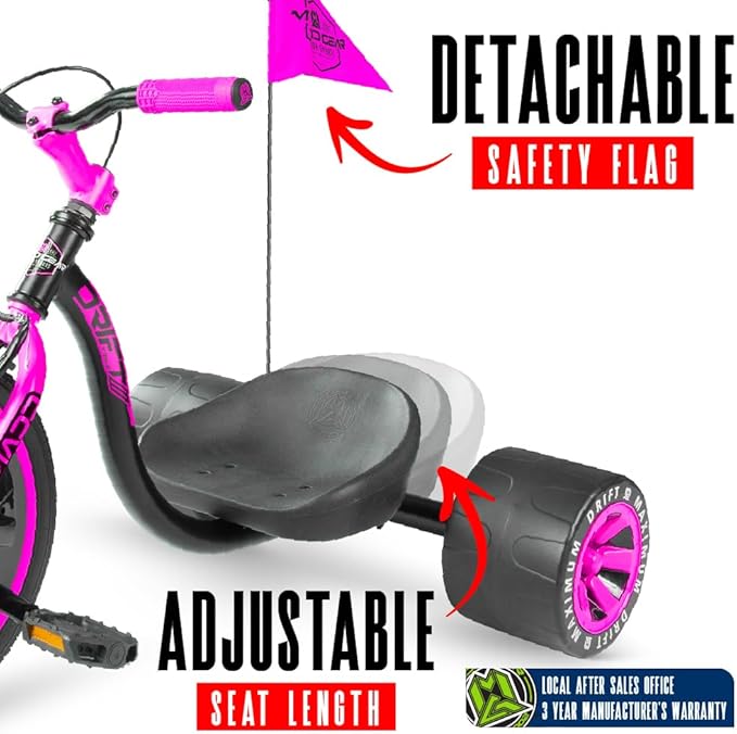 Drift Trike for Kids Ages 5+ – 16" Front Wheel Ride-On with Adjustable Seat, Steel Frame, Rear Slick Drift Wheels & Safety Flag – Madd Gear (Pink/Teal)