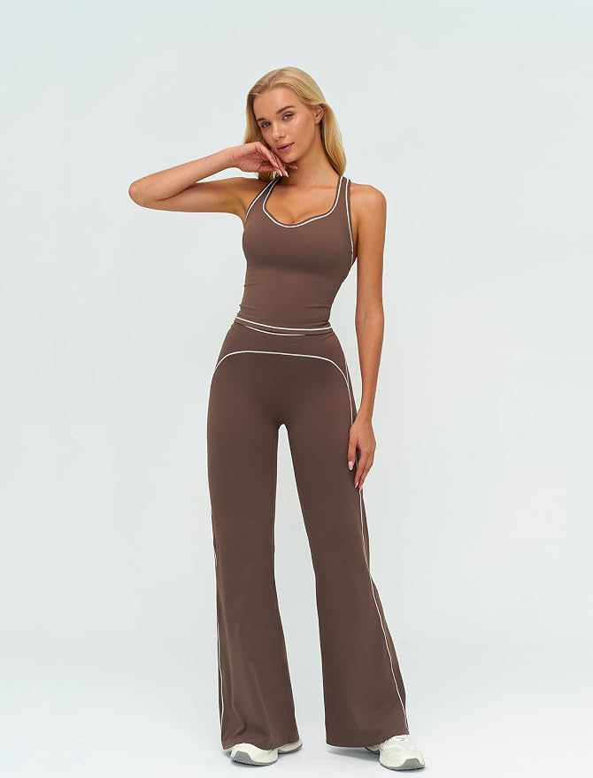 ABOCIW Two Piece Workout Sets for Women Racerback Tank Top Matching High Waist Wide Leg Yoga Pants Pilates Outfits