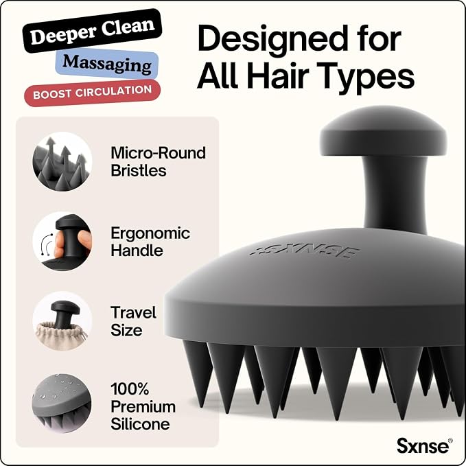 SXNSE - Revive Silicone Scalp Massager, Jet - Manual Hair & Scalp Scrubber for Dandruff, Buildup, Itch, & Hair Growth - Soft Exfoliating Silicone Bristles for Wet & Dry Hair, Flake-Free Finish
