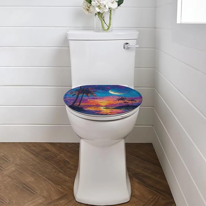 Tropical Toilet Lid COver Elongated Coconut Tree Toilet Seat Cover Machine Washable Fuzzy Toilet Seat Cover Bathroom Decoration