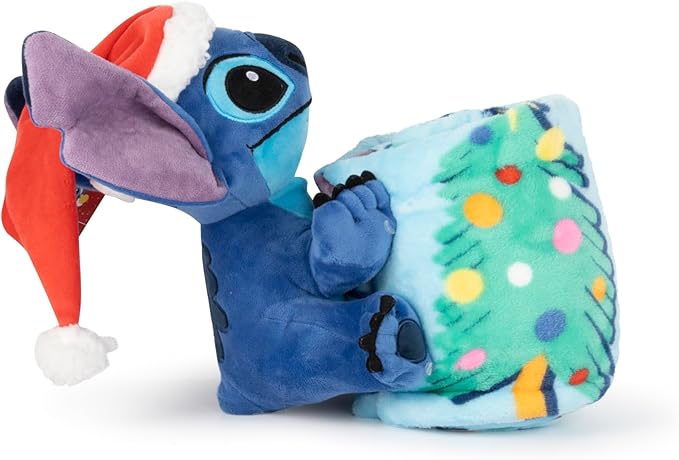 Jay Franco Kids Christmas Hugger Set – 12" Plush Pillow Buddy & 46" x 60" Fleece Throw Blanket, Ultra-Soft Bedding & Travel Set, Holiday Bedroom & Couch Décor, Blue - Stitch
